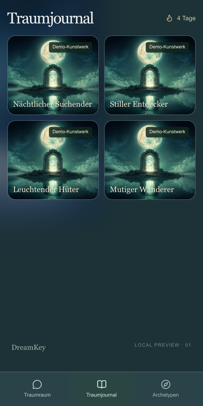 Traumjournal in der DreamKey-App mit Beispielträumen